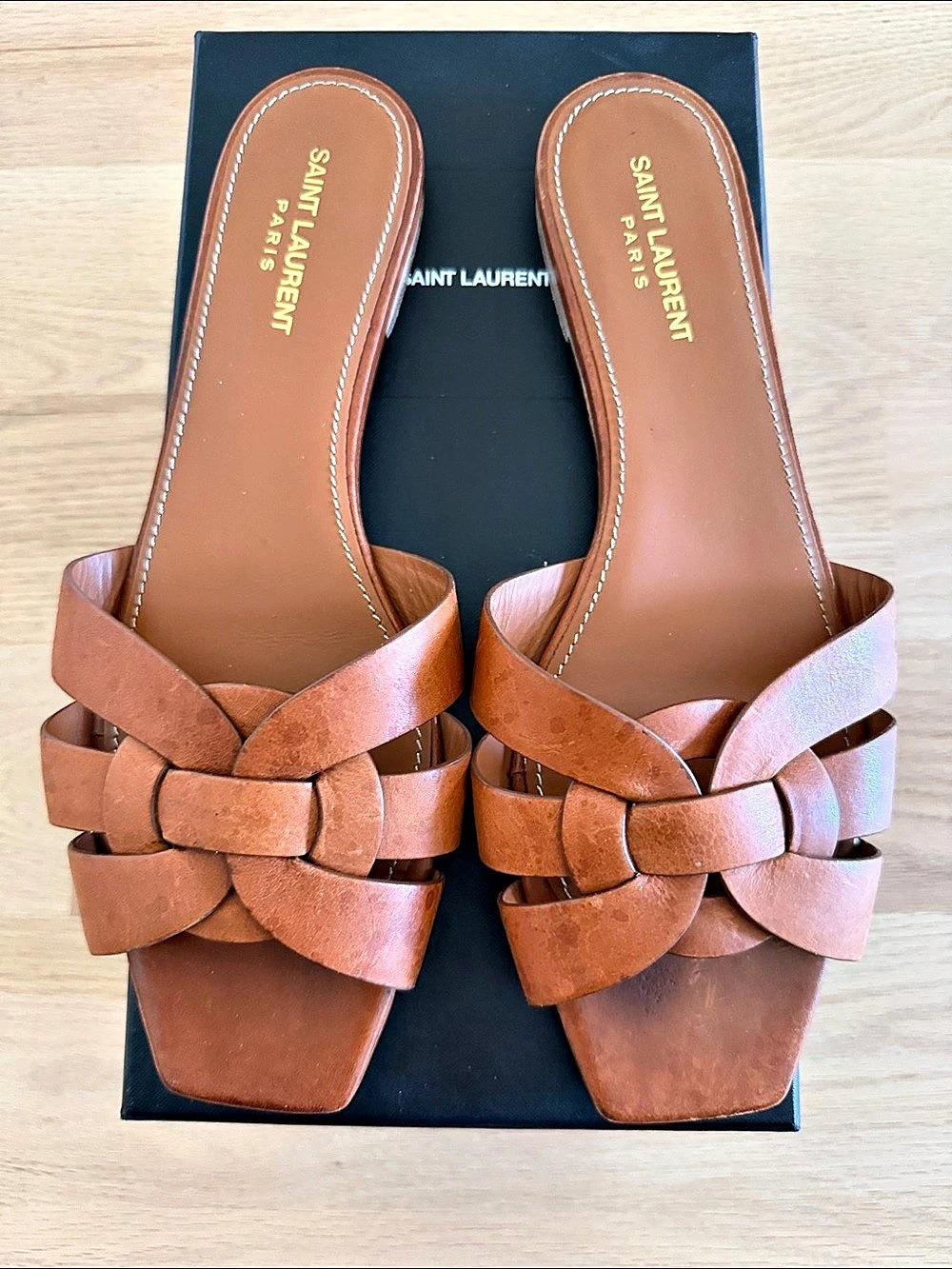 Saint Laurent Tribute Flat Slide Sandal in Smooth Leather Brown